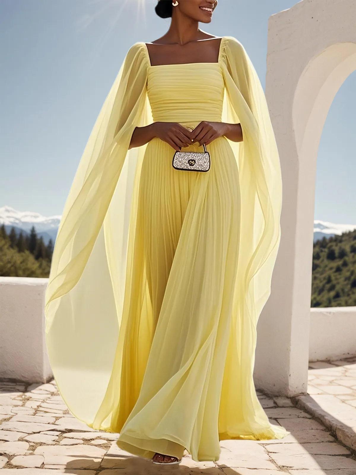 Yellow Pleated Chiffon Dress Square Neck Long Sleeve A-Line Gown