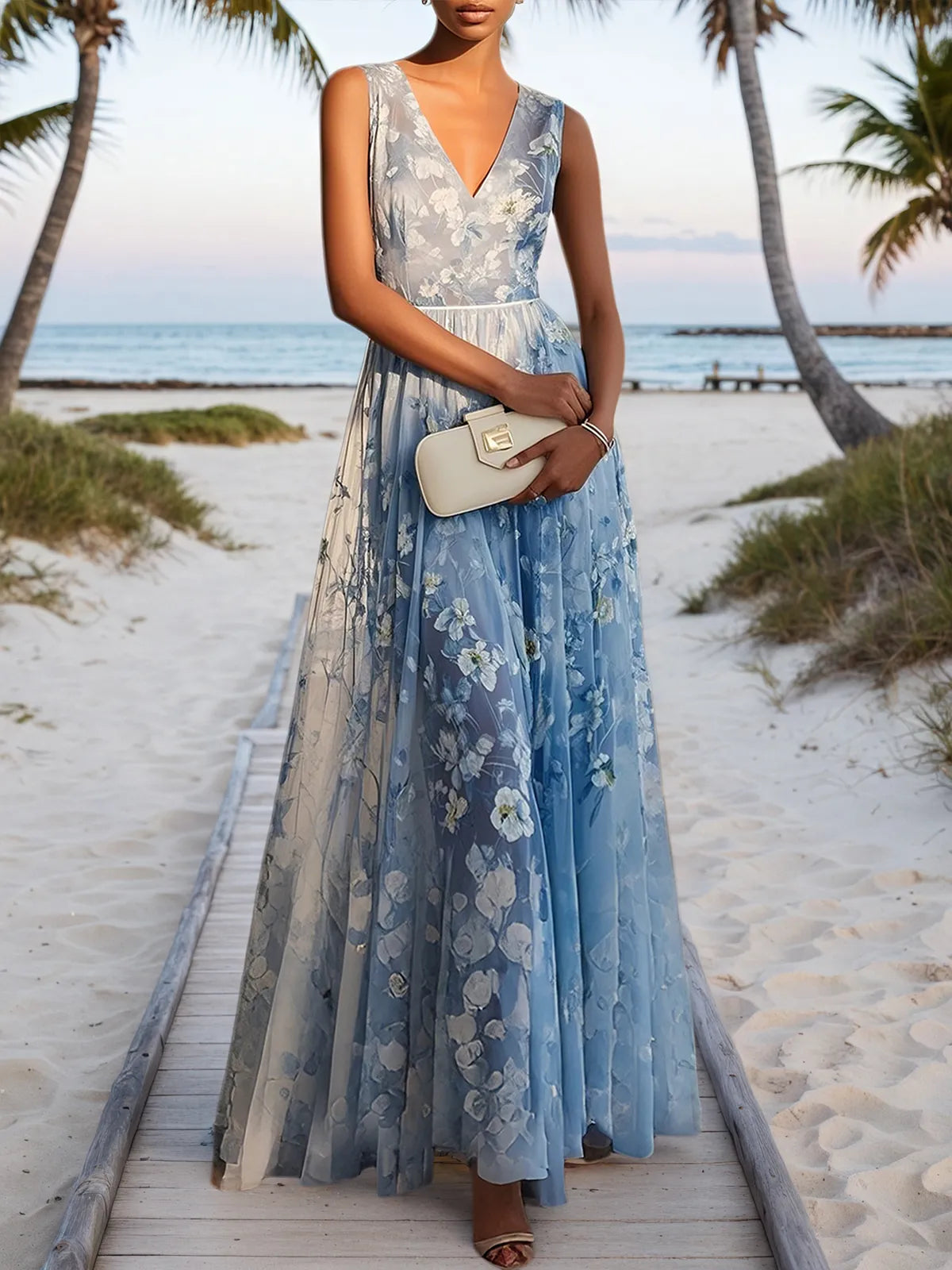 Light Blue Chiffon V Neck Sleeveless A-Line Maxi Dress