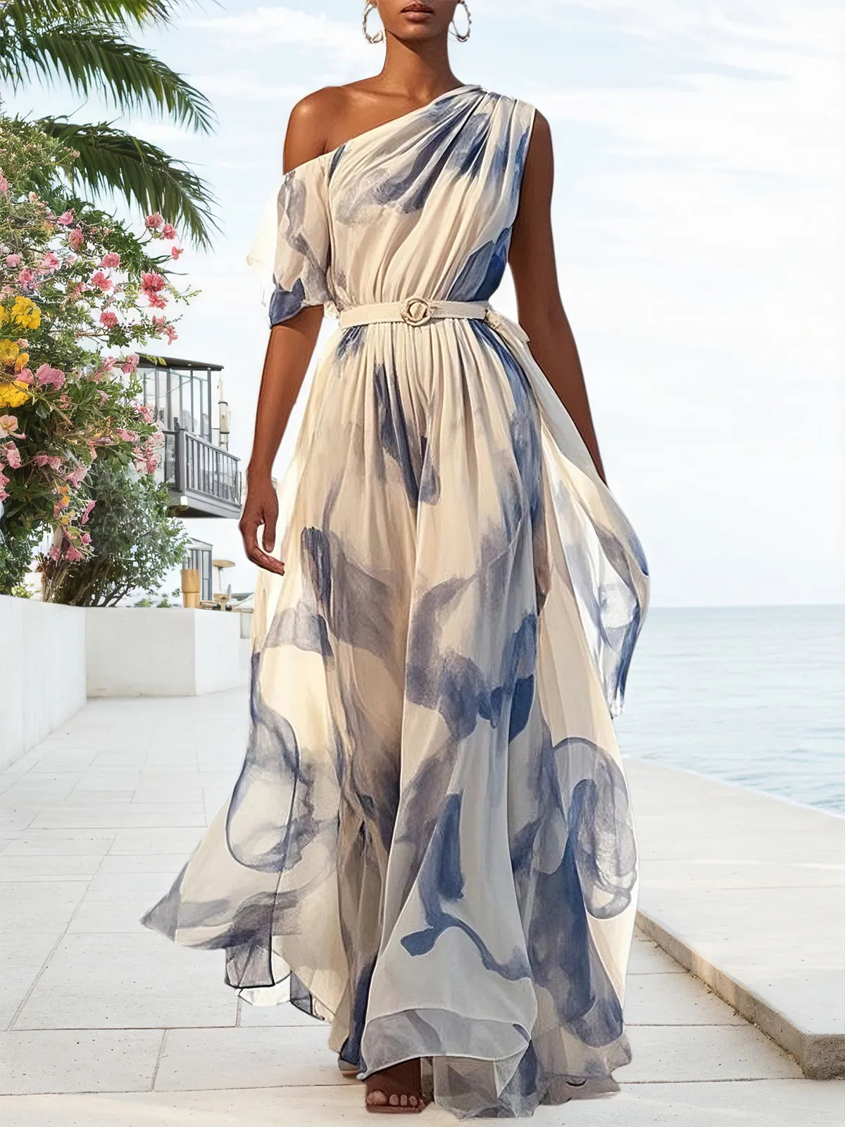Blue Printing Asymmetric Chiffon One Shoulder Short Sleeve A-Line Maxi Dress