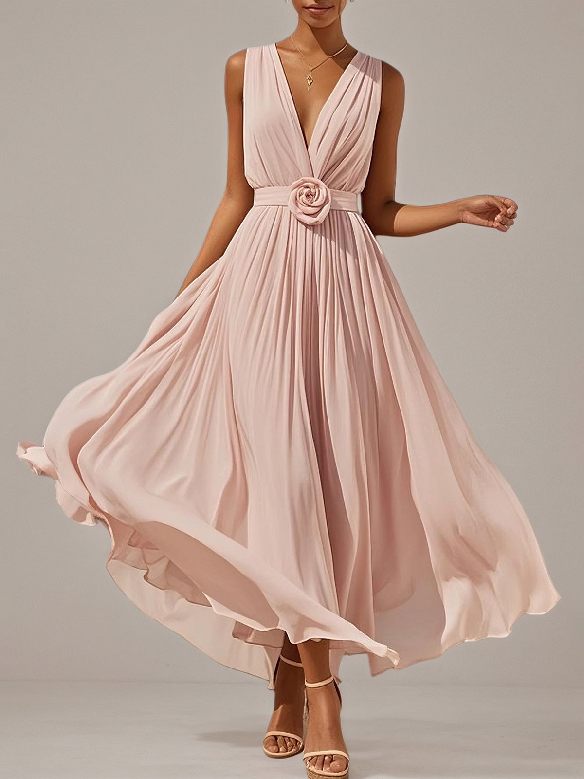 Pink A Line Chiffon V Neck Sleeveless Floor Length Dresses With 3D Flower