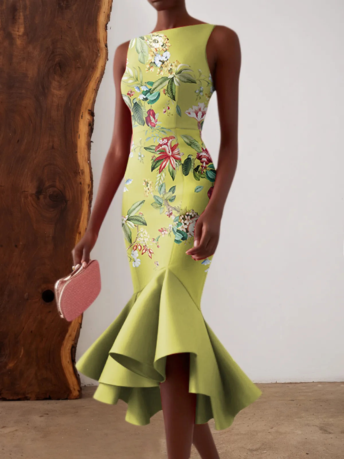 Green Floral Boat Neck Sleeveless Mermaid Midi Dress