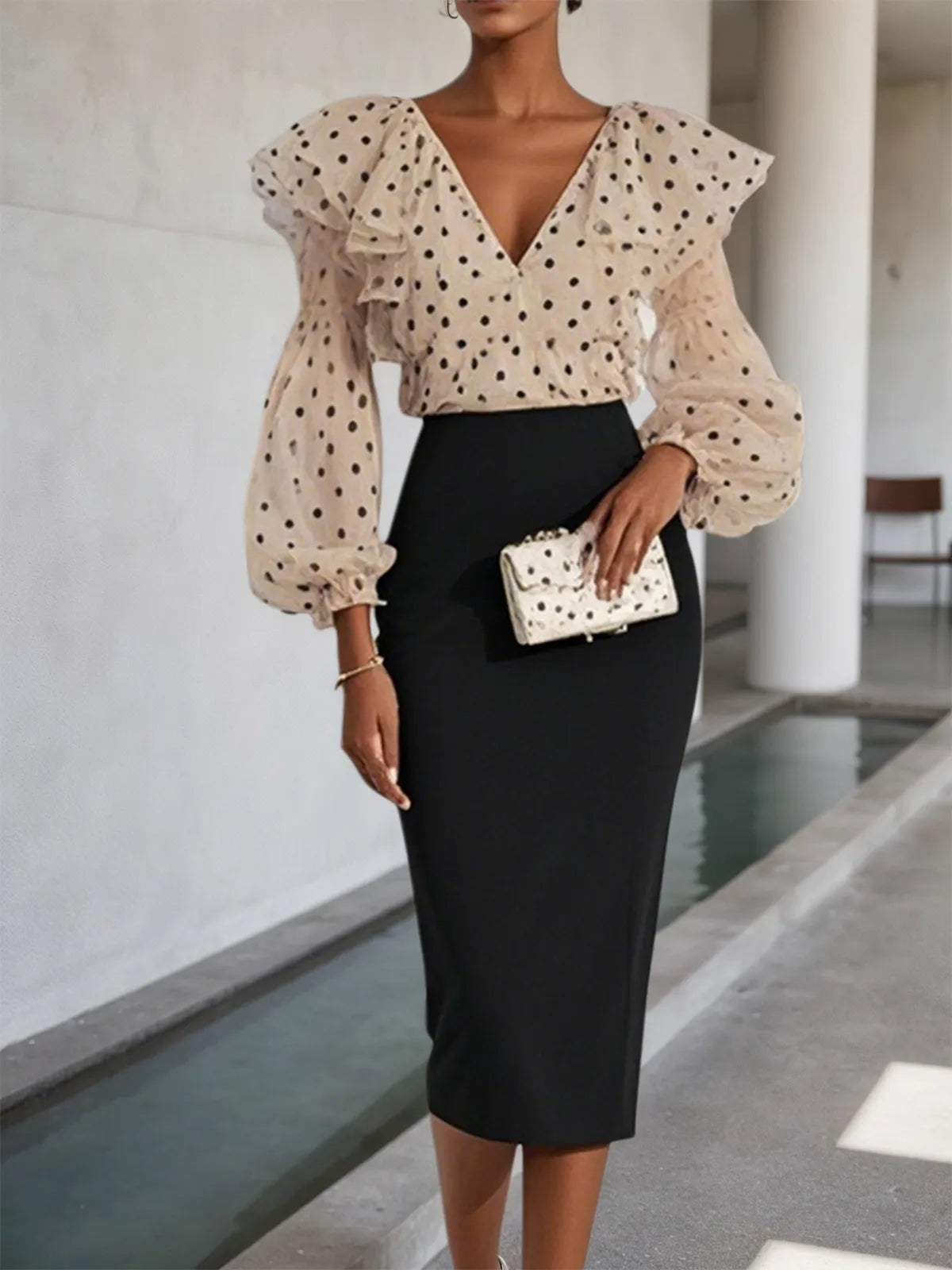 Apricot Peplum Chiffon Long Sleeve Balloon Sleeve Sheath Midi Dress
