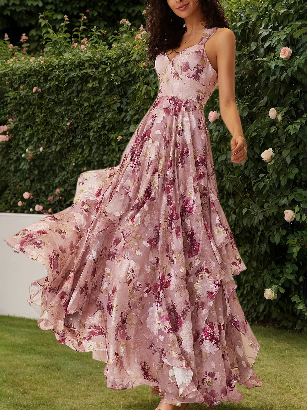 Pink Floral Jacquard Chiffon Sweetheart Neckline Sleeveless A-Line Maxi Dress