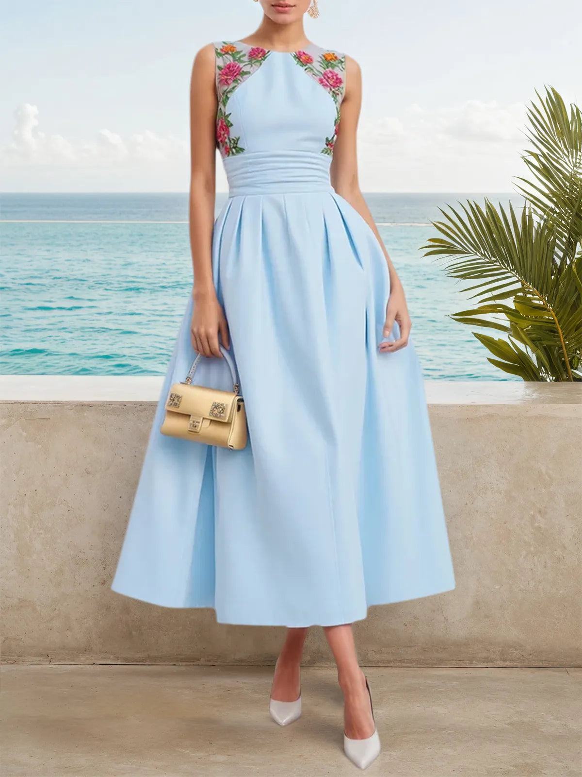 Light Blue Lace Ruched Classic Crew Neck Sleeveless A-Line Midi Dress