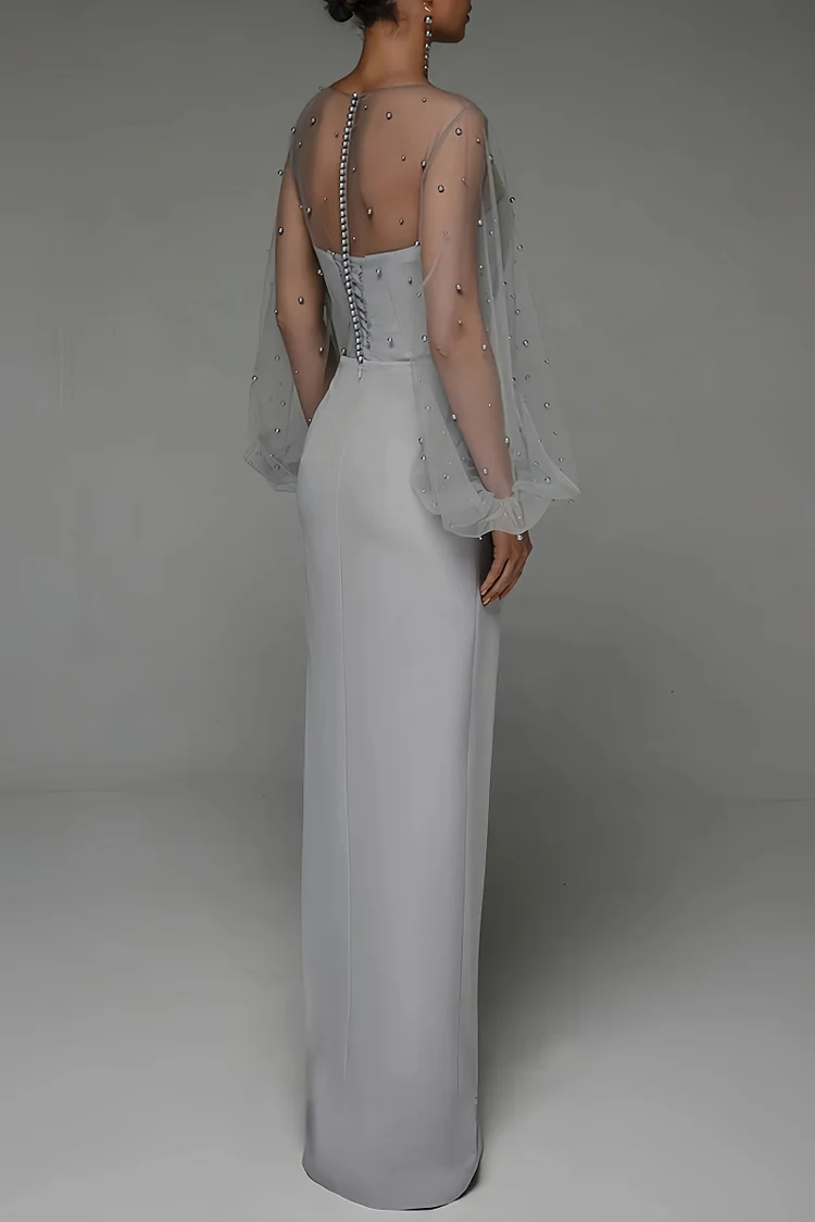 Faux Pearl Lantern Sleeve Midi Dress