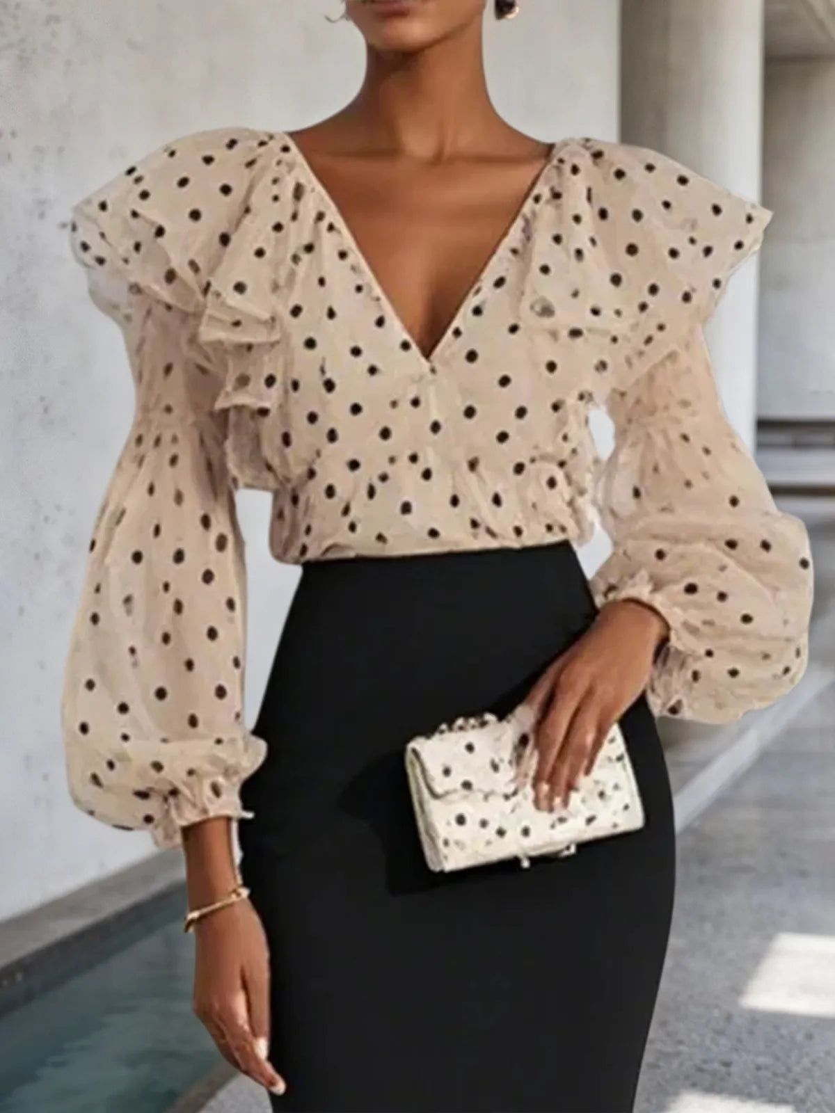 Apricot Peplum Chiffon Long Sleeve Balloon Sleeve Sheath Midi Dress