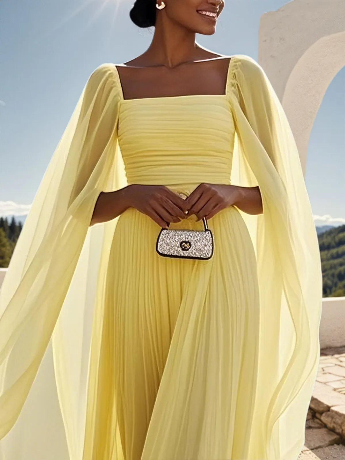 Yellow Pleated Chiffon Dress Square Neck Long Sleeve A-Line Gown