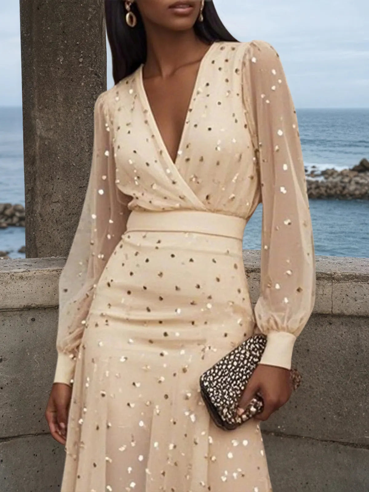 Apricot golden Chiffon V Neck Long Balloon Sleeve A-Line Midi Dress