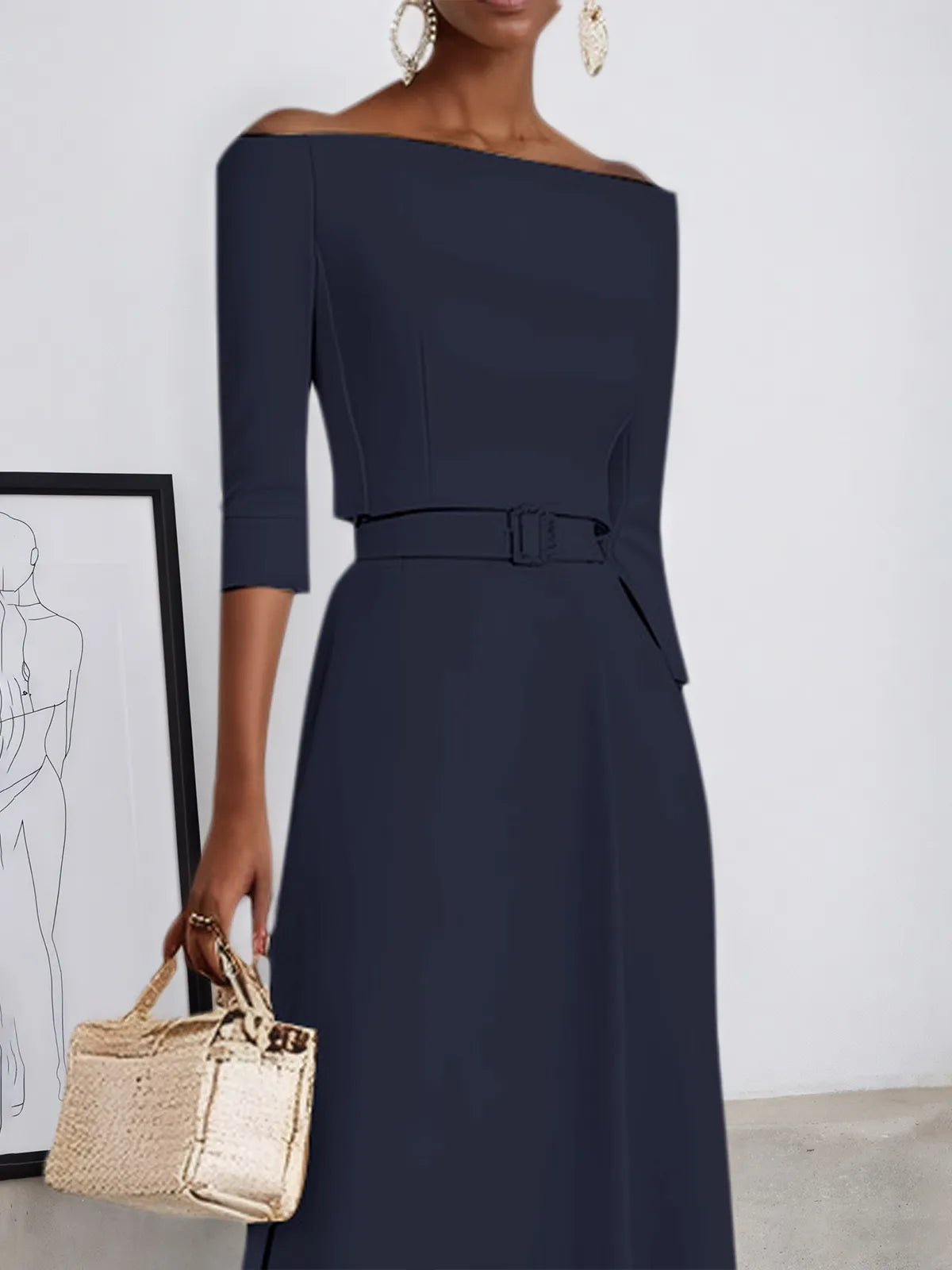 Purplish blue Classic Off The Shoulder Half Sleeve A-Line Maxi Dress