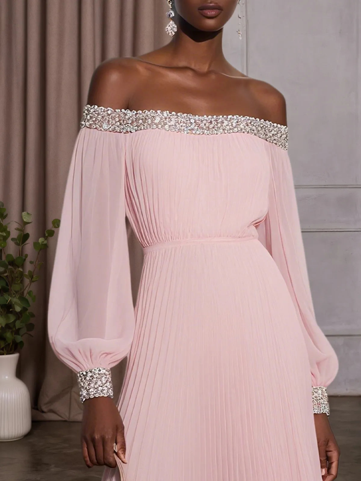 Pink Pleated Hotfix Embellished Chiffon Off The Shoulder Long Sleeve Balloon Sleeve A-Line Maxi Dress