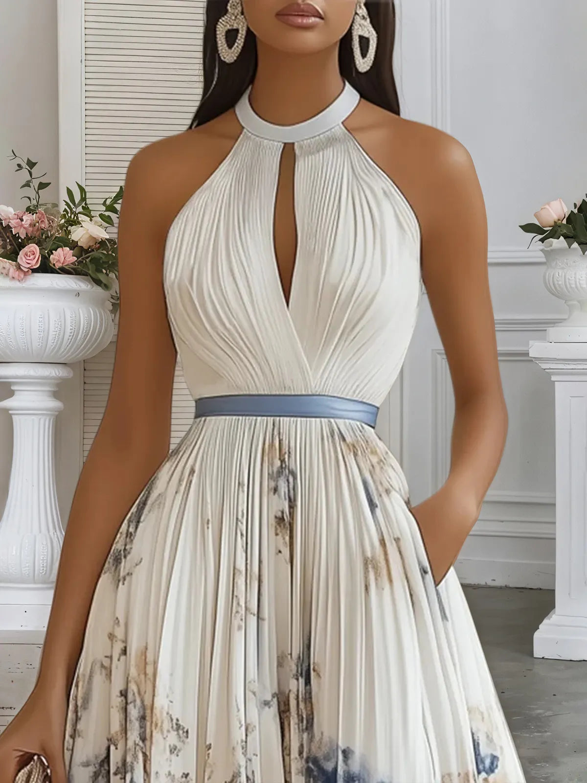 White Pleated Floral Chiffon Halter Sleeveless A-Line Maxi Dress