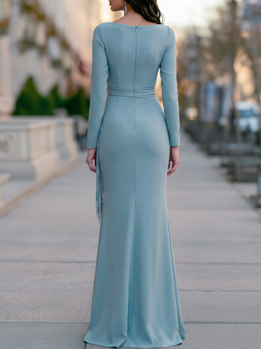 Blue Asymmetric Fringe Detail Long Sleeve Maxi Dress
