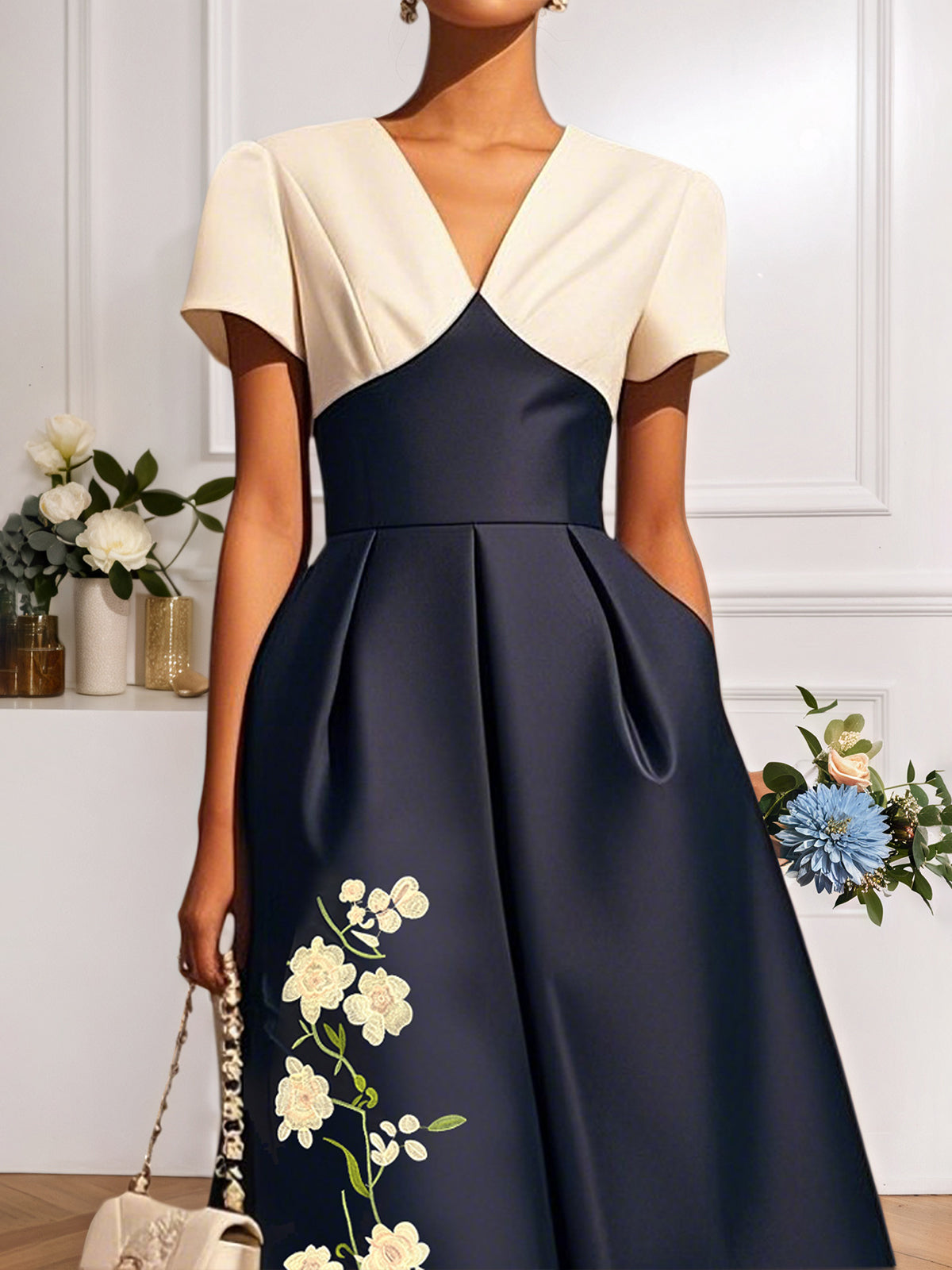 Navy Blue Embroidery Satin V Neck Short Sleeve A-Line Midi Dress