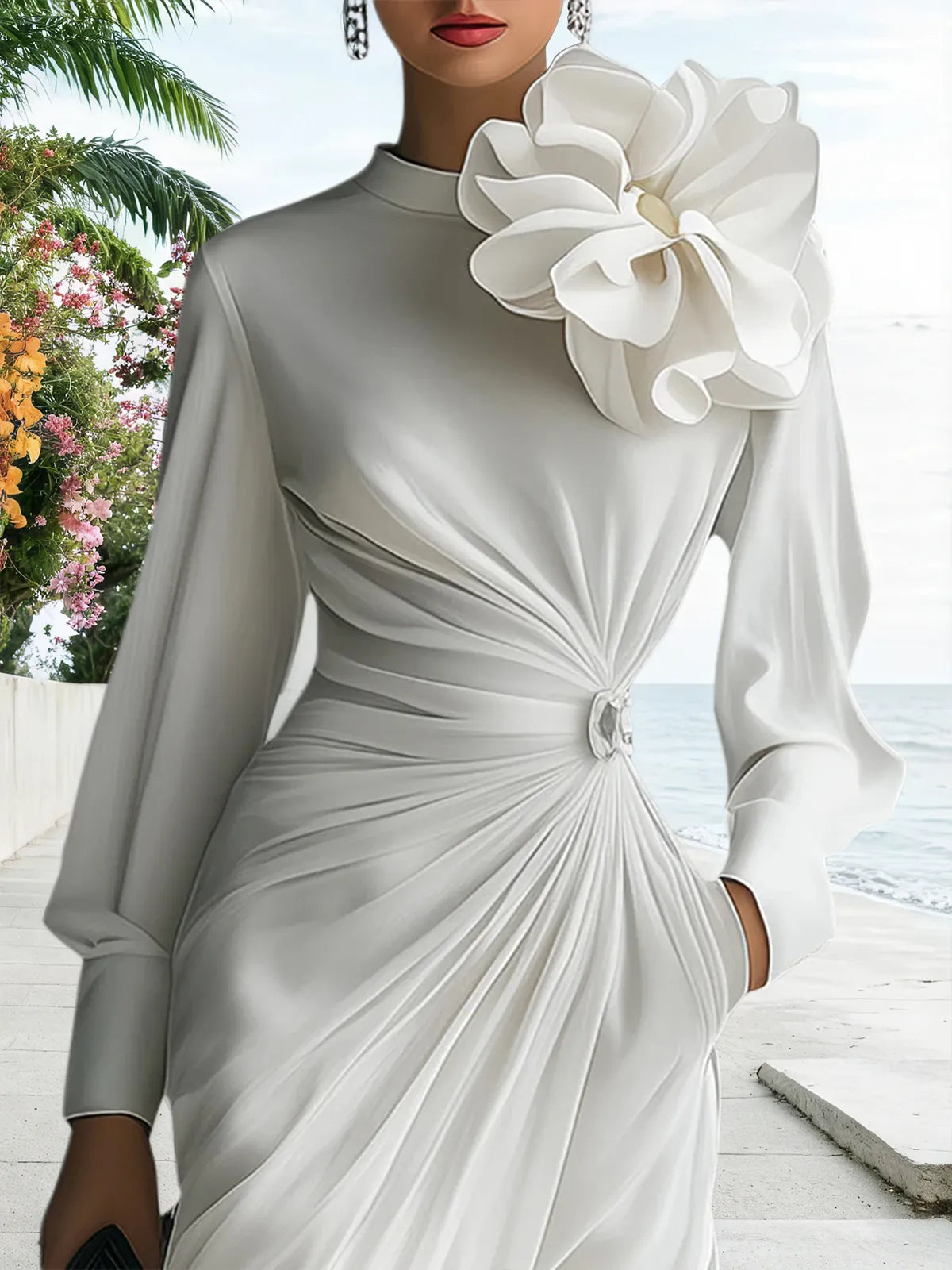 Elegant Floral Embellished Long Sleeve Pleated Chiffon Dress