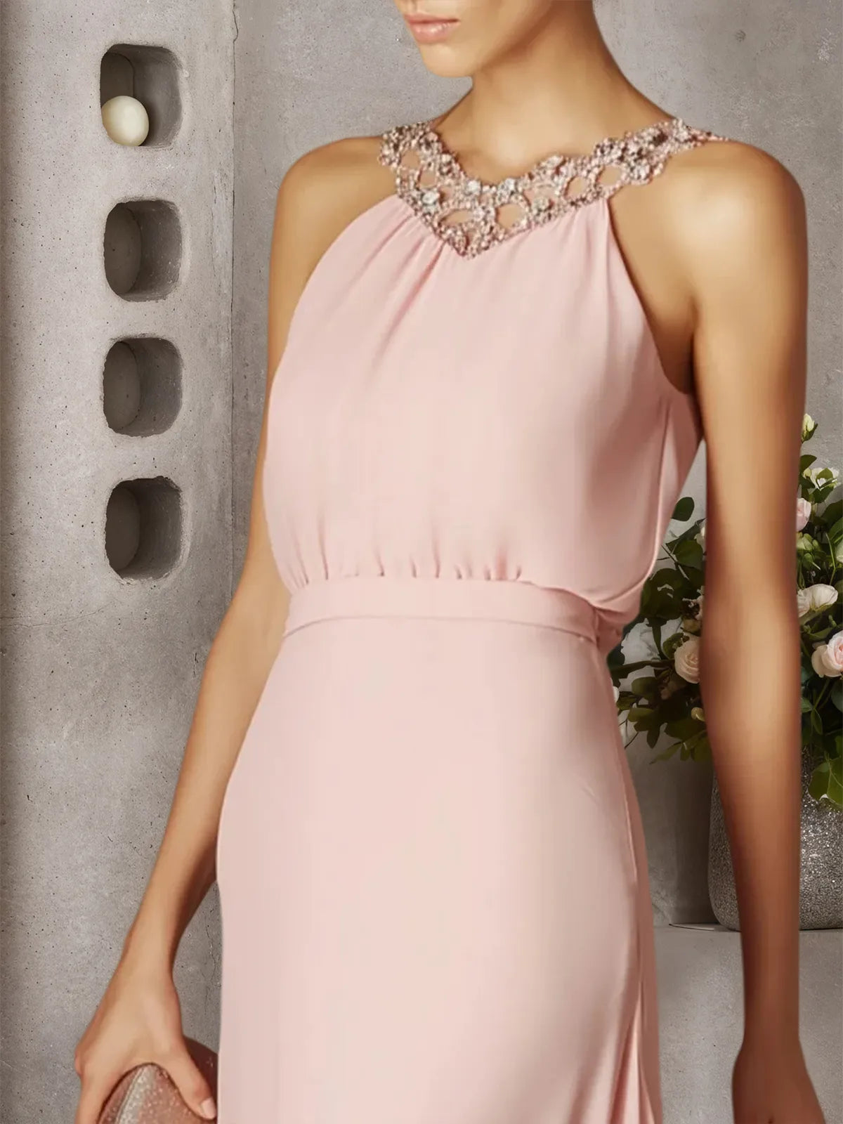 Pink Beaded Ruched Chiffon Halter Sleeveless A-Line Gown Dress