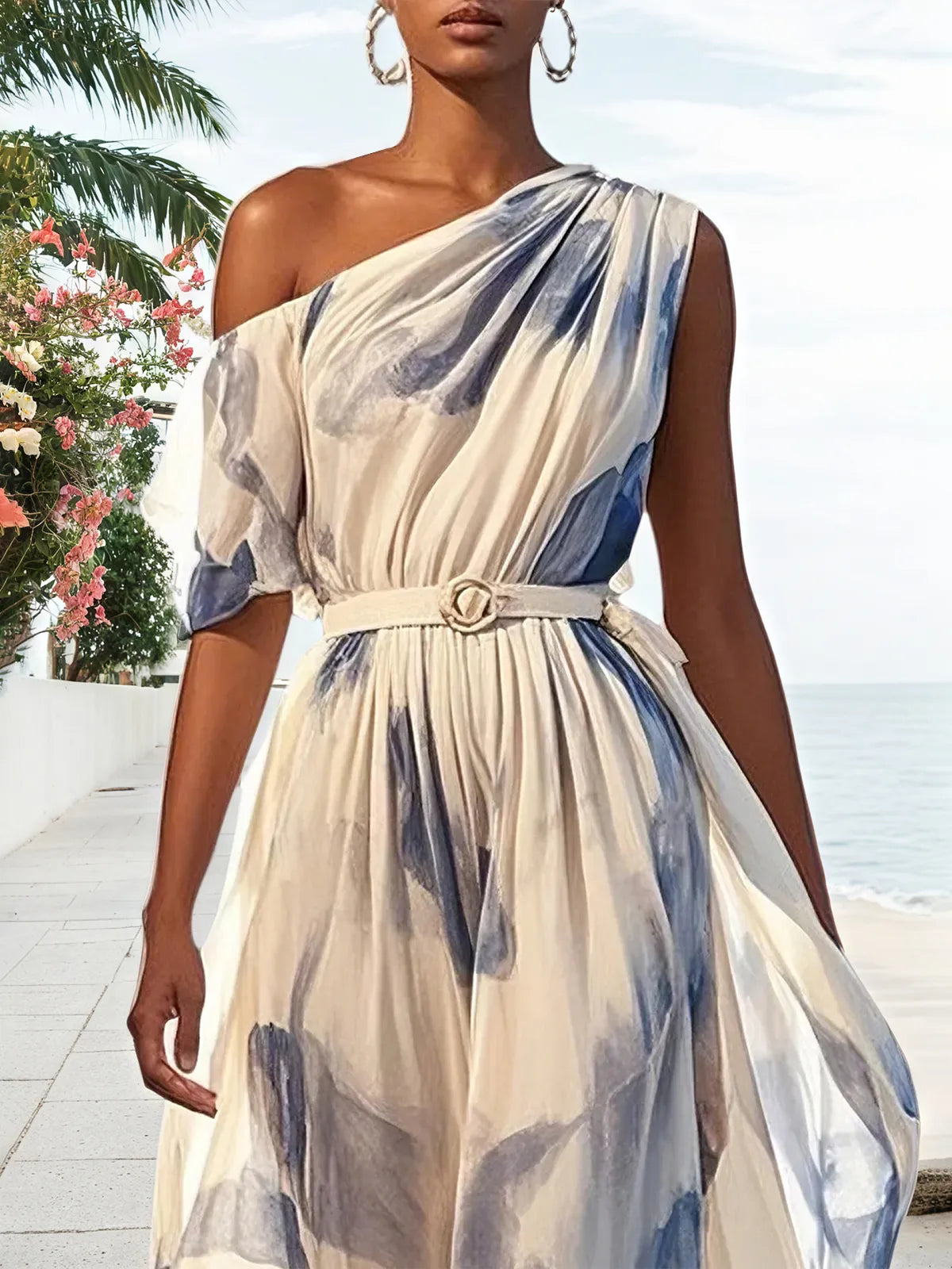 Blue Printing Asymmetric Chiffon One Shoulder Short Sleeve A-Line Maxi Dress