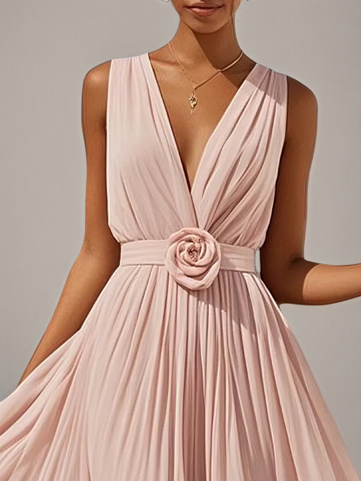 Pink A Line Chiffon V Neck Sleeveless Floor Length Dresses With 3D Flower