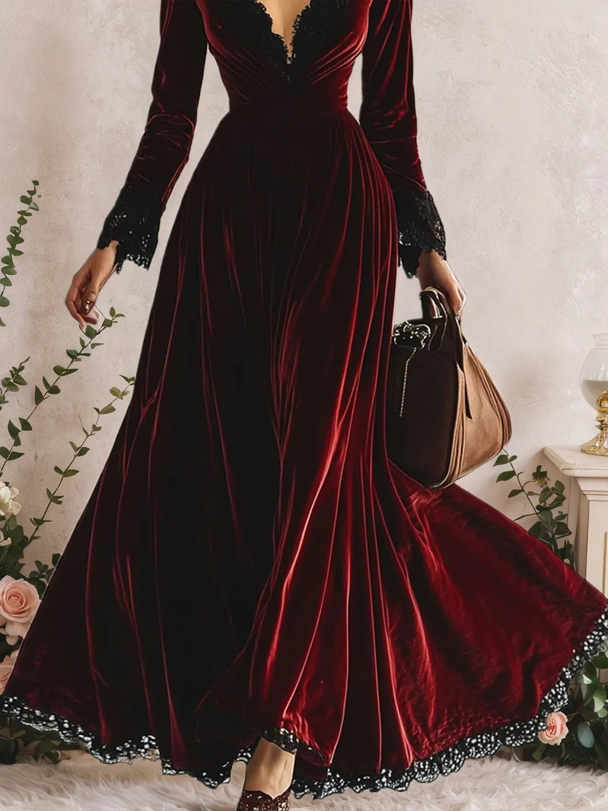 Fashion Retro V-neck Lace Splicing Long Sleeve Maxi Dress