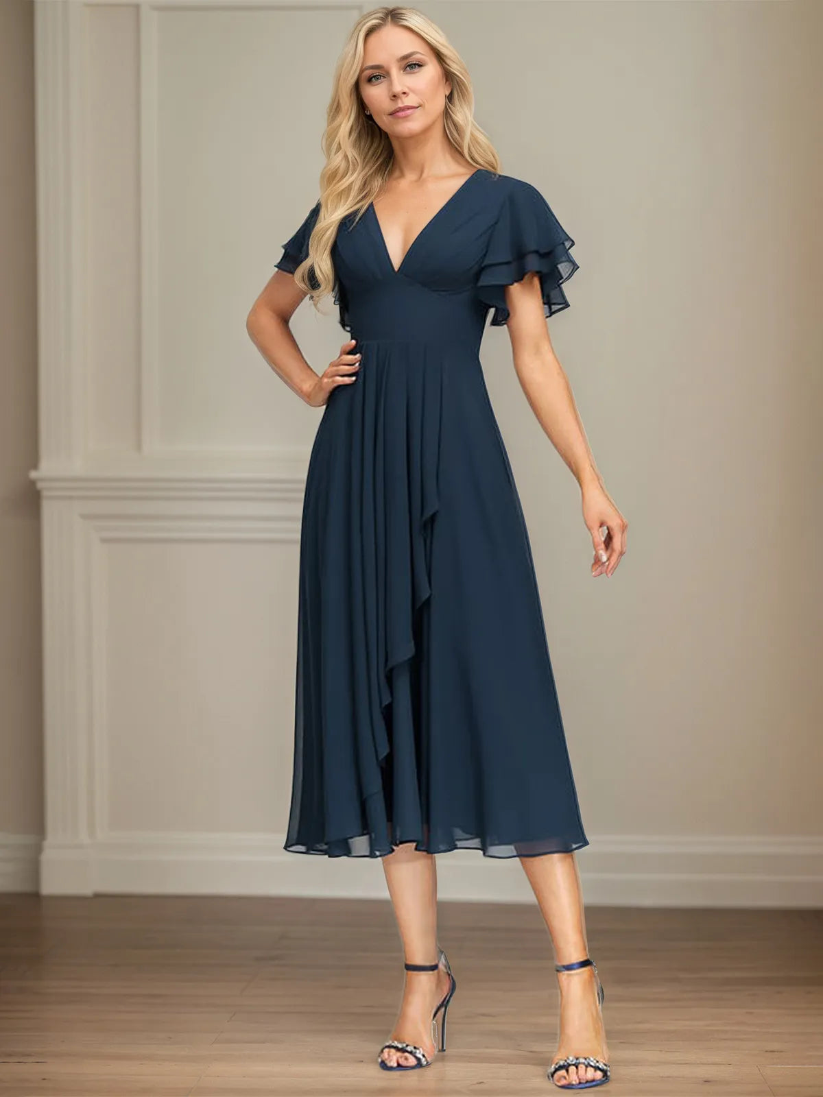 A Line V-Neck Tea Length Chiffon Dress With Cascading Ruffles