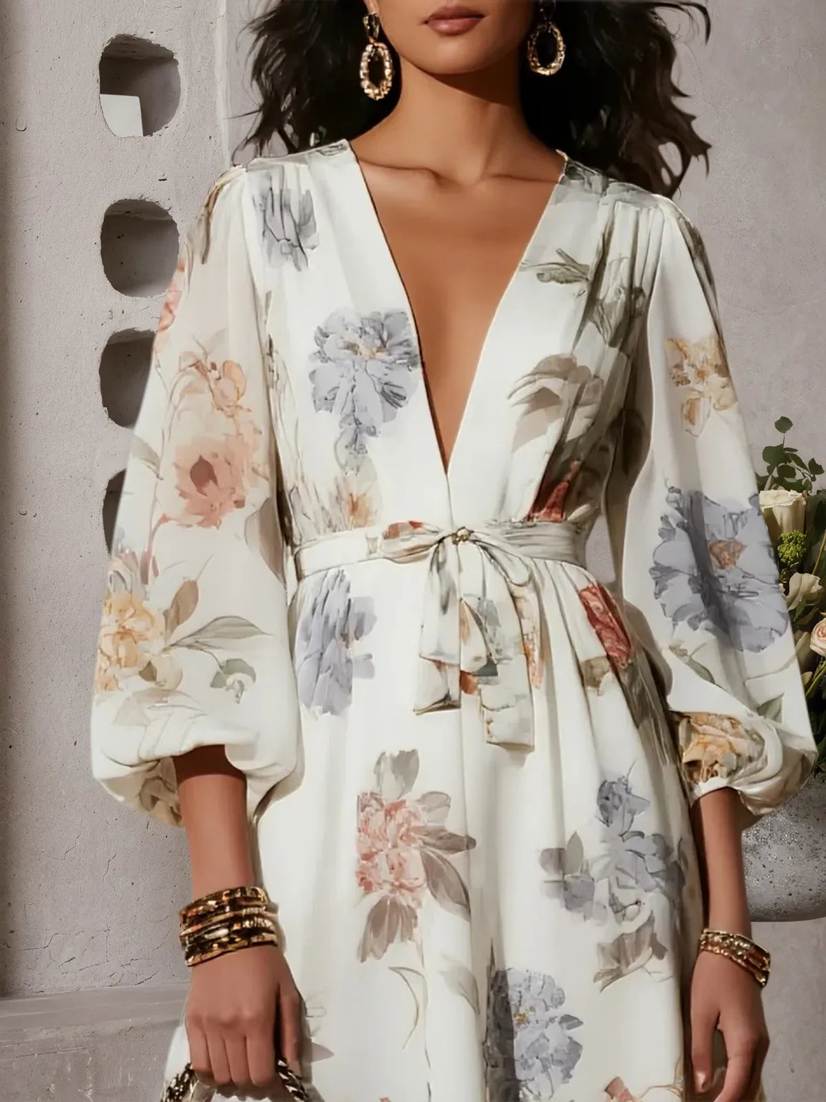 White Floral Chiffon V Neck Long Sleeve Balloon Sleeve A-Line Midi Dress