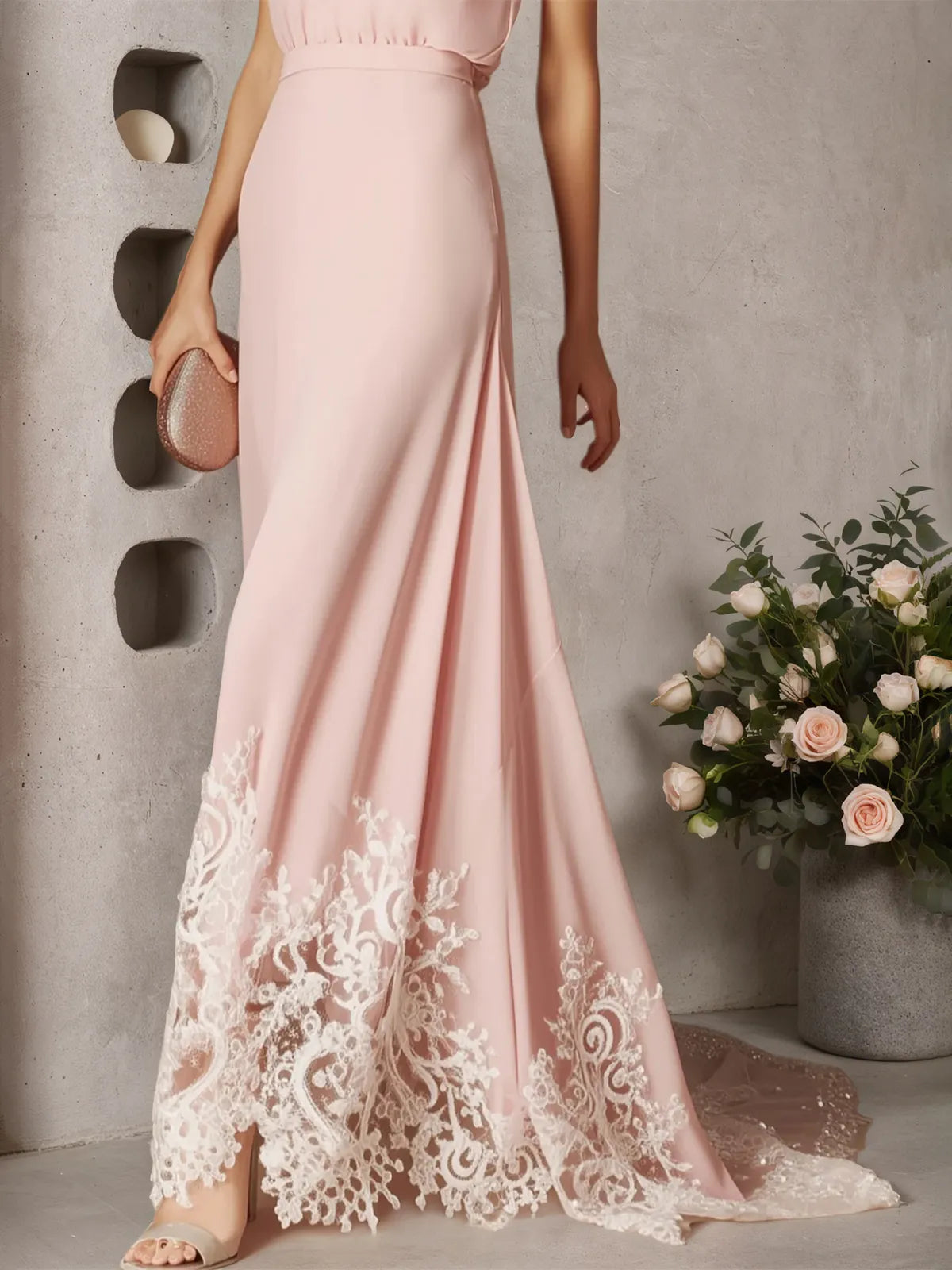 Pink Beaded Ruched Chiffon Halter Sleeveless A-Line Gown Dress
