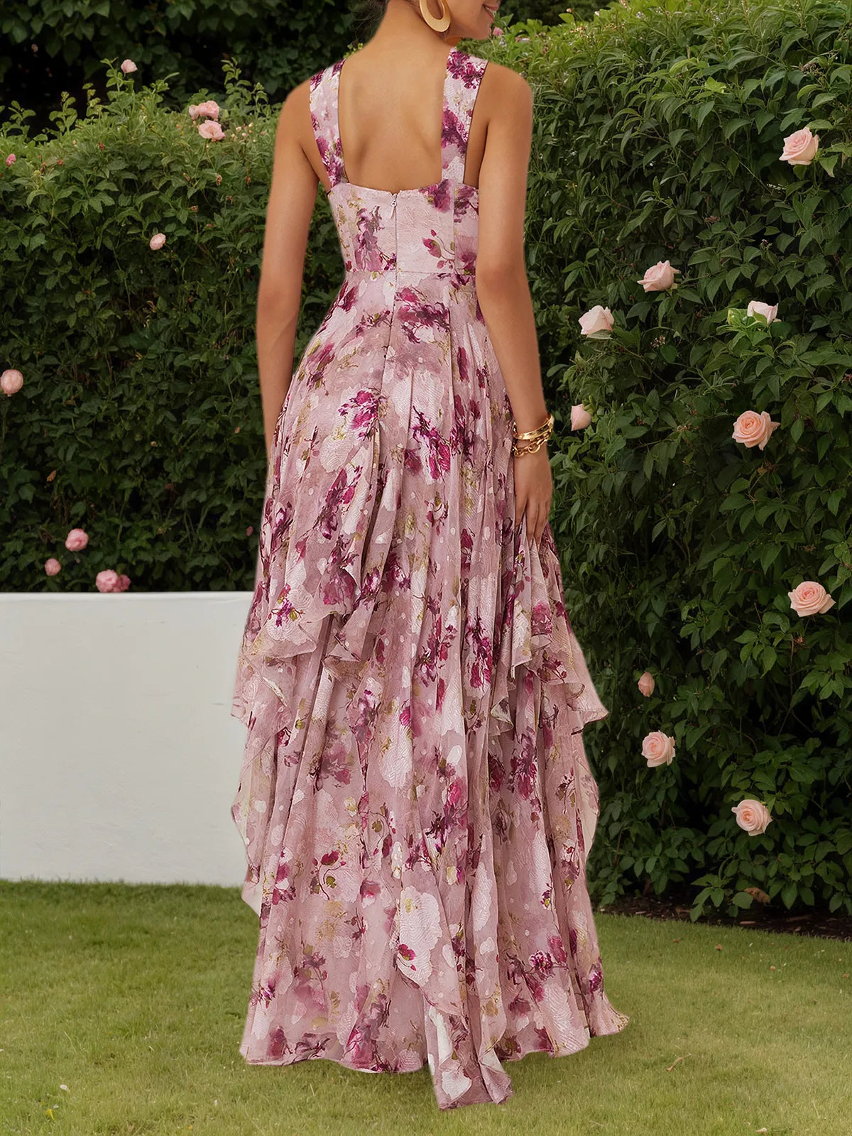 Pink Floral Jacquard Chiffon Sweetheart Neckline Sleeveless A-Line Maxi Dress