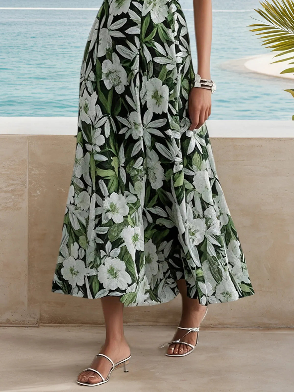 Green Cut Out Floral A-Line Maxi Chiffon Dress