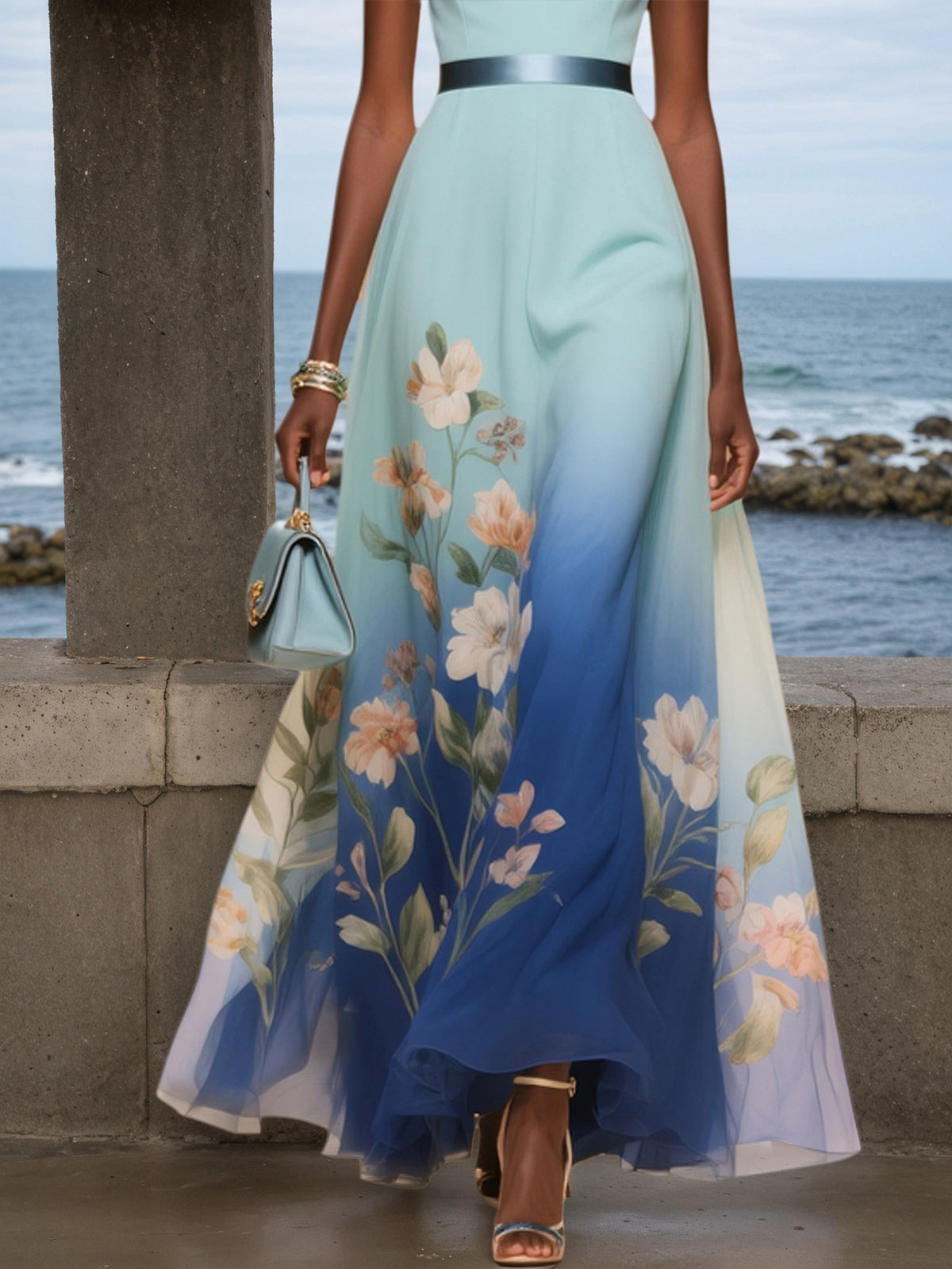 Light Blue Floral Chiffon V Neck Sleeveless A-Line Midi Dress