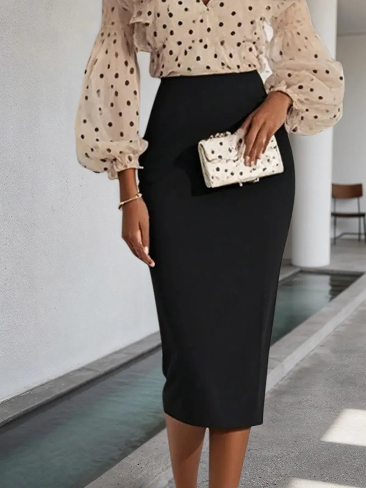 Apricot Peplum Chiffon Long Sleeve Balloon Sleeve Sheath Midi Dress