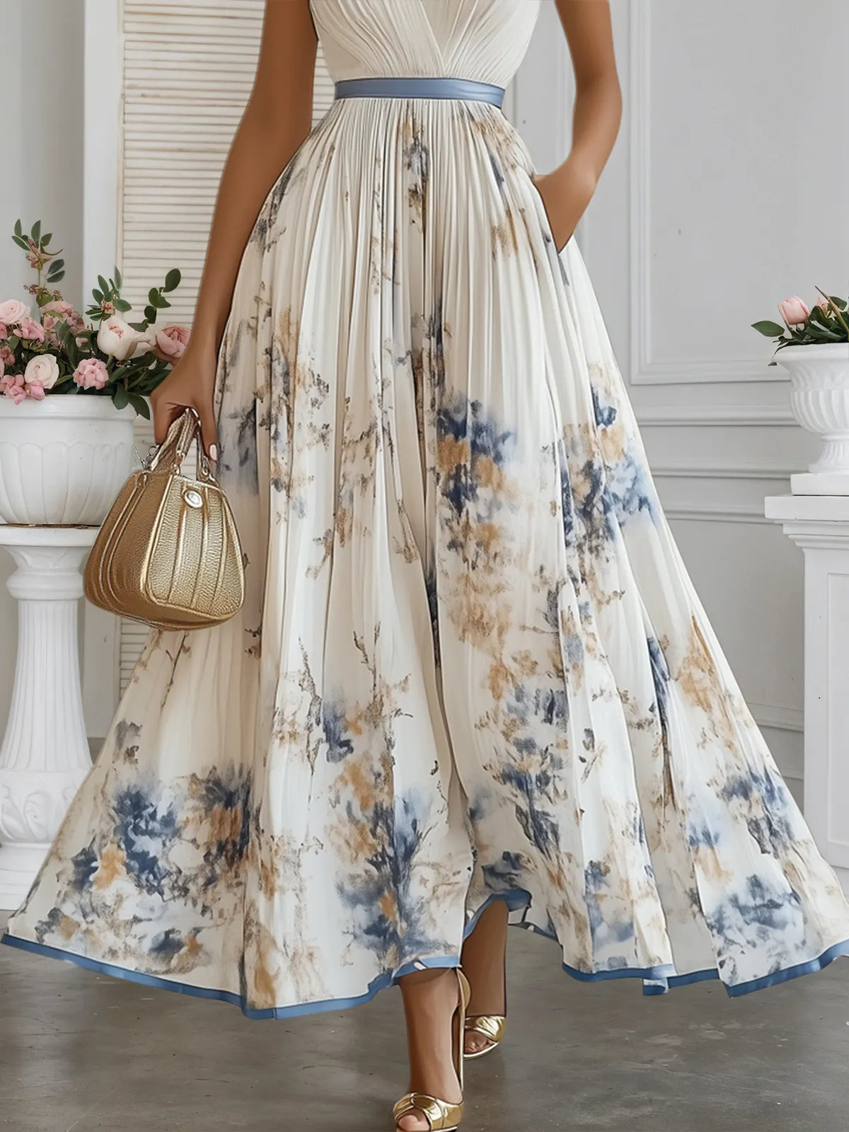 White Pleated Floral Chiffon Halter Sleeveless A-Line Maxi Dress
