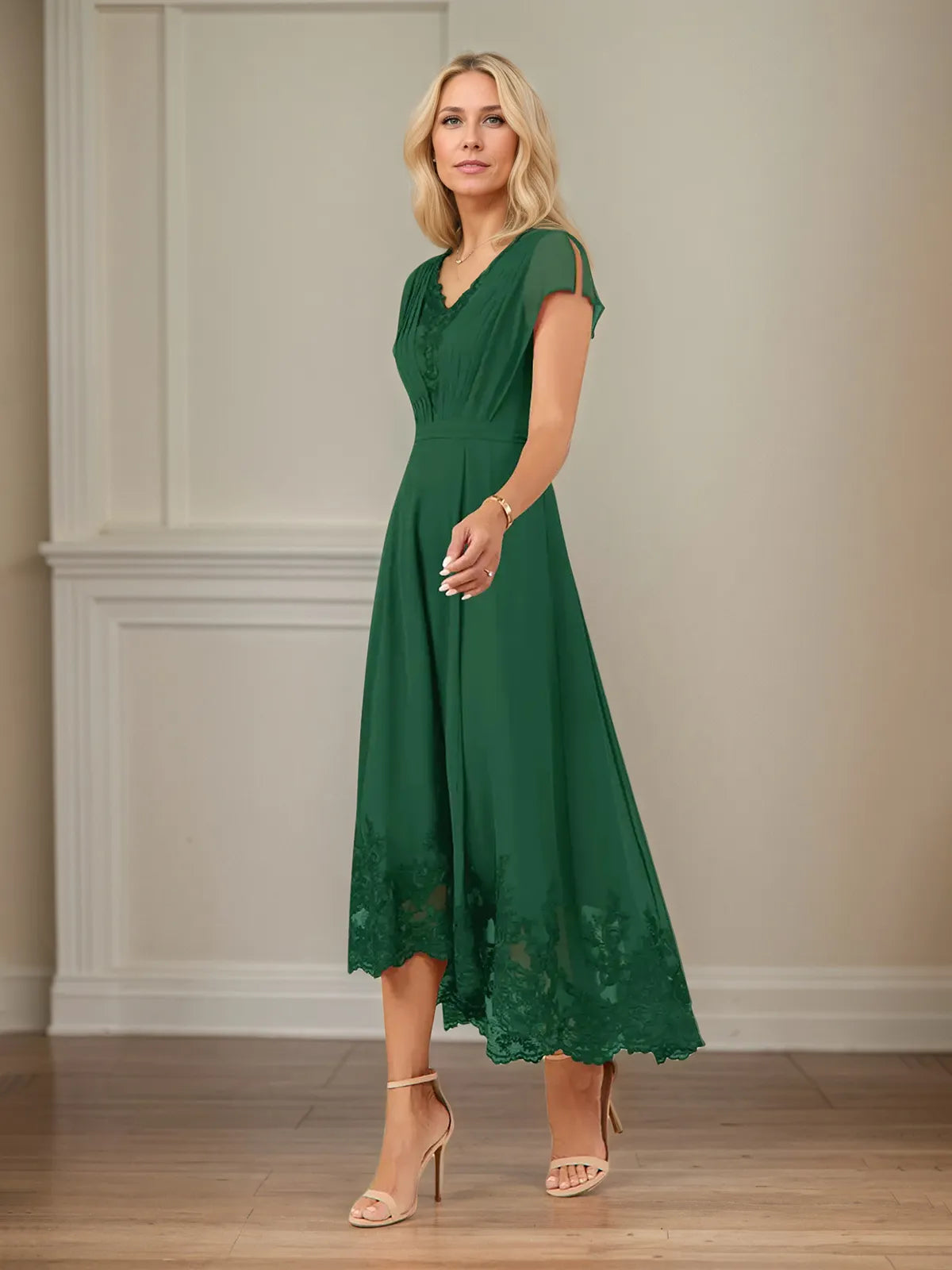 A Line V Neck Flutter Sleeve Ankle Length Chiffon Dress With Appliques