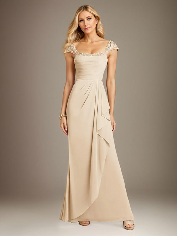 Champagne Sheath/Column Chiffon Square Neck Short Sleeves Floor Length Dress