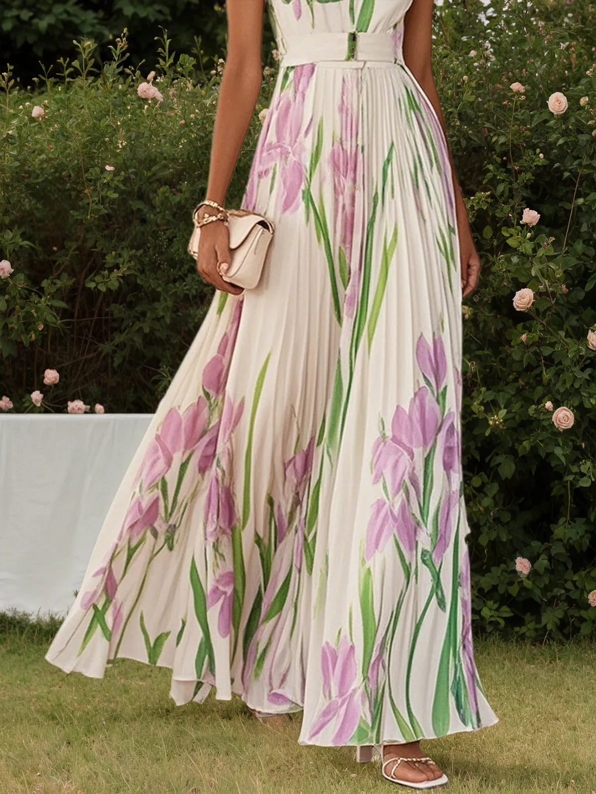 White Pleated Floral Chiffon Square Neck Sleeveless A-Line Maxi Dress