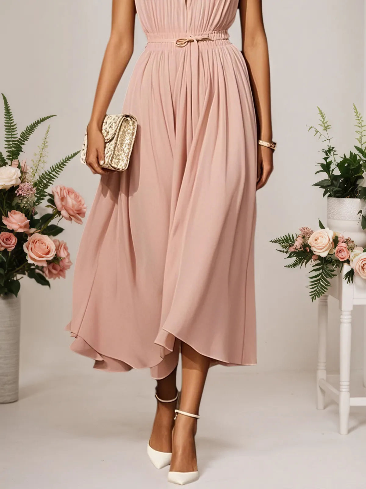 Pink Scramble Chiffon Lotus Leaf Collar Sleeveless A-Line Maxi Dress