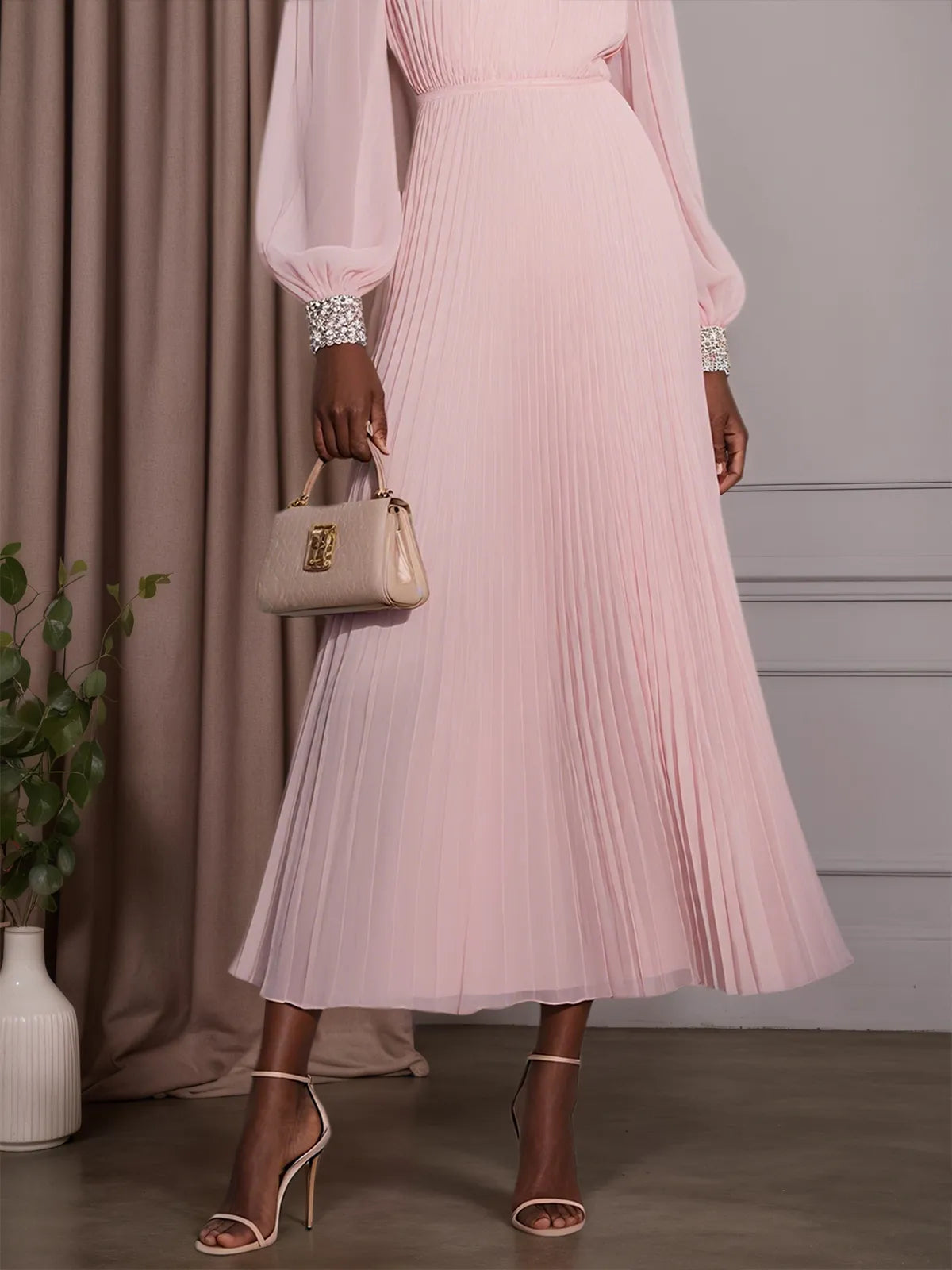 Pink Pleated Hotfix Embellished Chiffon Off The Shoulder Long Sleeve Balloon Sleeve A-Line Maxi Dress