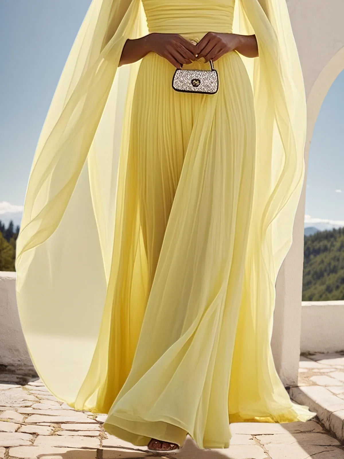 Yellow Pleated Chiffon Dress Square Neck Long Sleeve A-Line Gown
