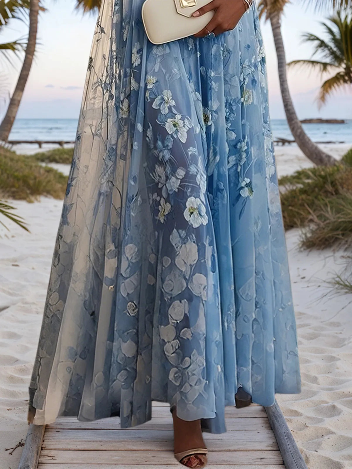 Light Blue Chiffon V Neck Sleeveless A-Line Maxi Dress