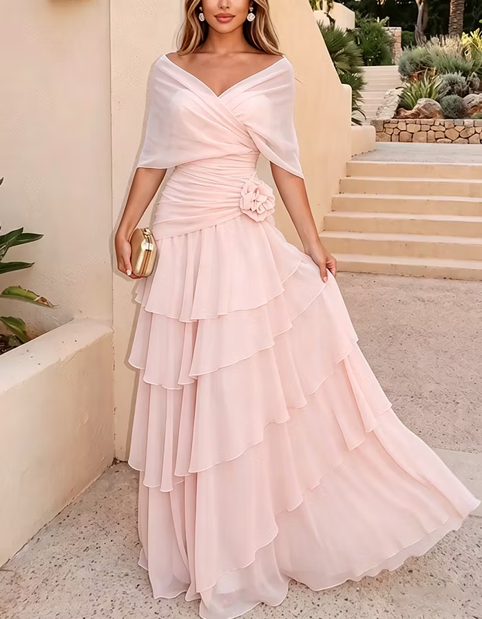 Chiffon Cape Sleeve Ruched 3D Floral Tiered Ruffle Maxi Dress