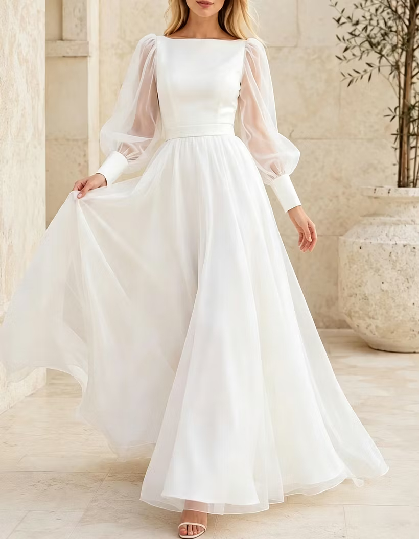 Boat Neck Satin Chiffon Sheer Puff Long Sleeve Evening A‑Line Maxi Dress