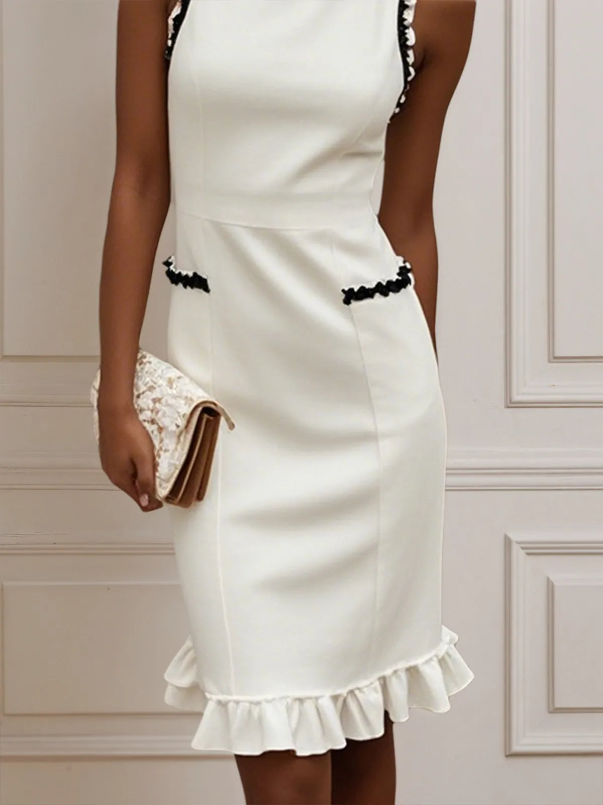 White Lace Classic Crew Neck Sleeveless Balloon Sleeve Sheath Midi Dress