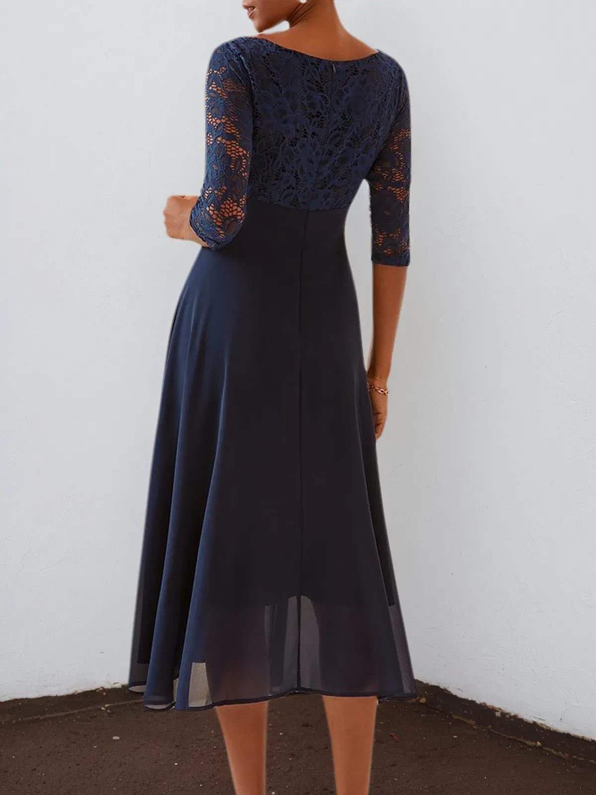 Purplish blue Lace Chiffon Crew Neck Half Sleeve A-Line Midi Dress