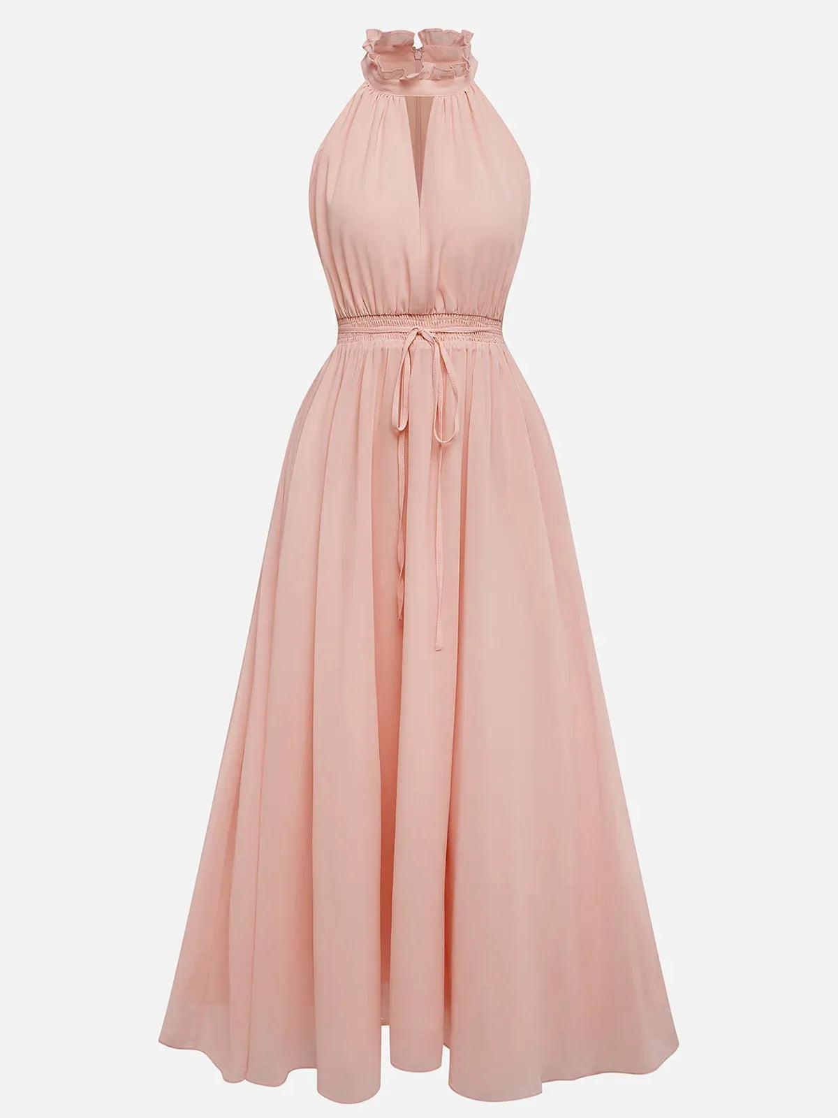Pink Scramble Chiffon Lotus Leaf Collar Sleeveless A-Line Maxi Dress