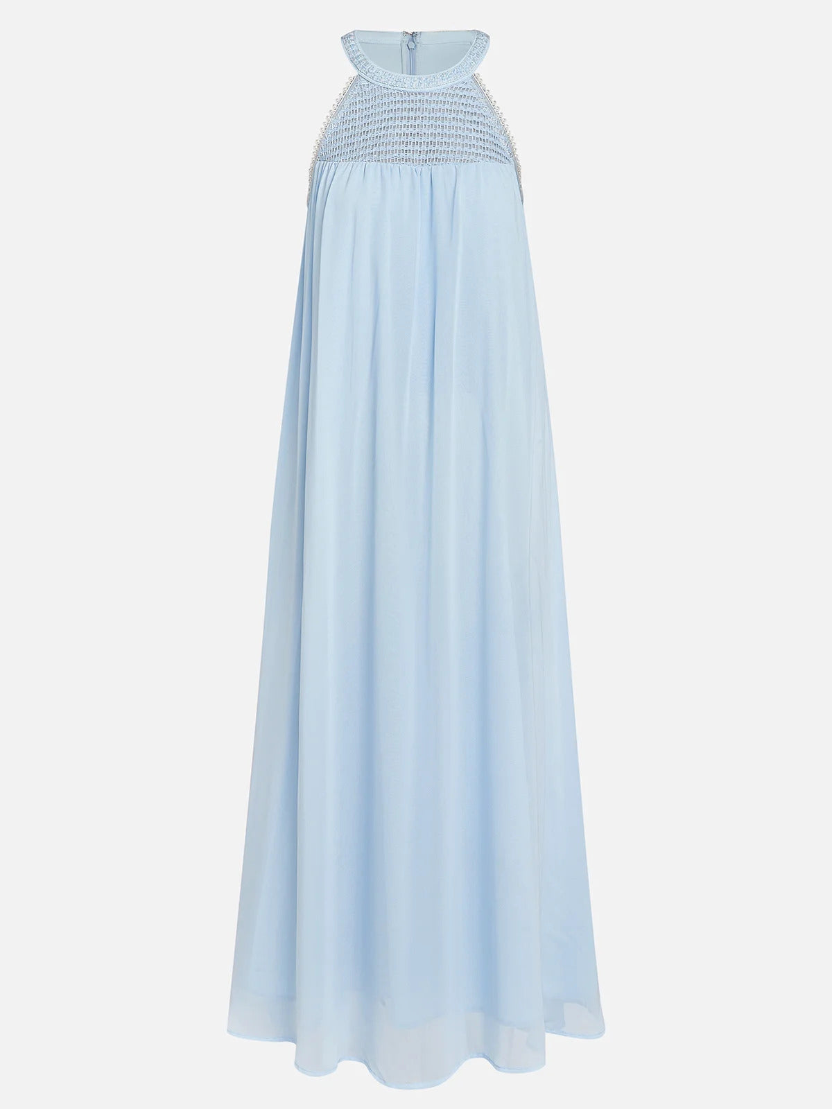 Light Blue Braided Strap Pearl Chiffon Halter Sleeveless A-Line Maxi Dress