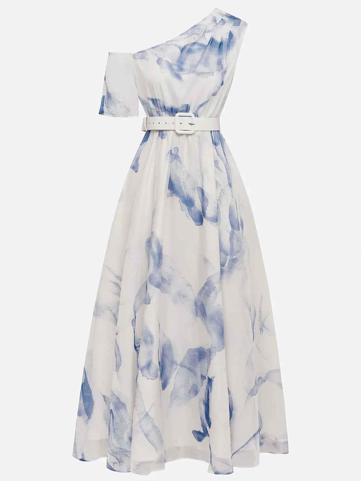 Blue Printing Asymmetric Chiffon One Shoulder Short Sleeve A-Line Maxi Dress