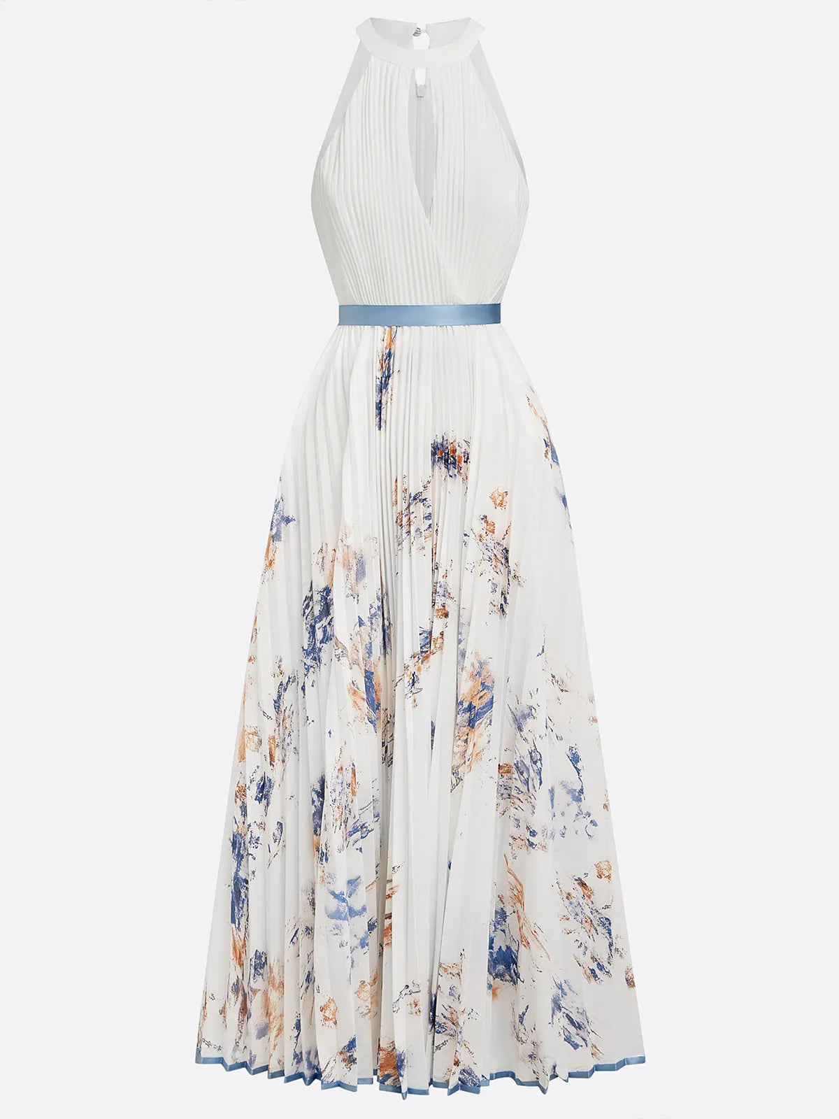 White Pleated Floral Chiffon Halter Sleeveless A-Line Maxi Dress