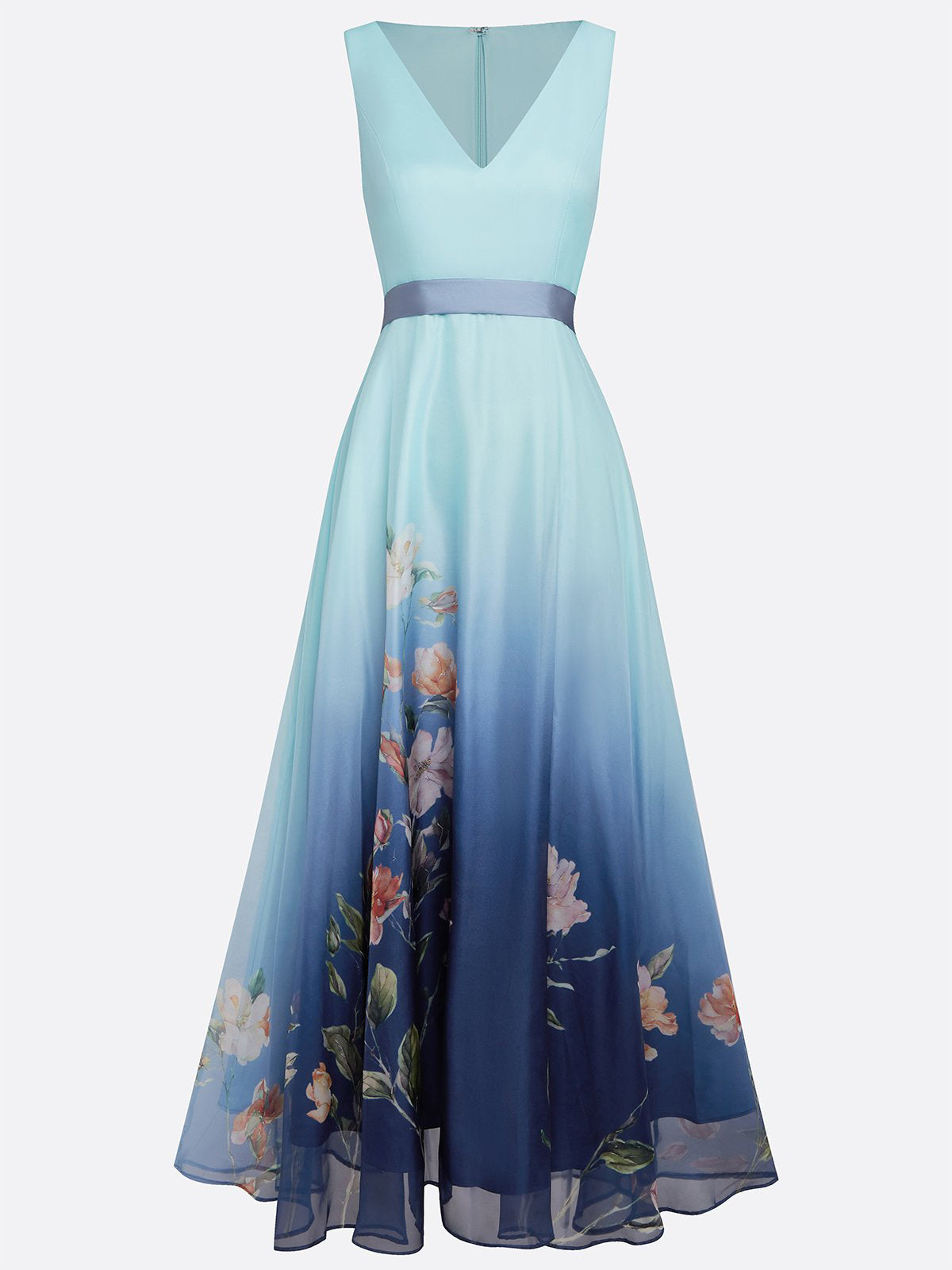 Light Blue Floral Chiffon V Neck Sleeveless A-Line Midi Dress