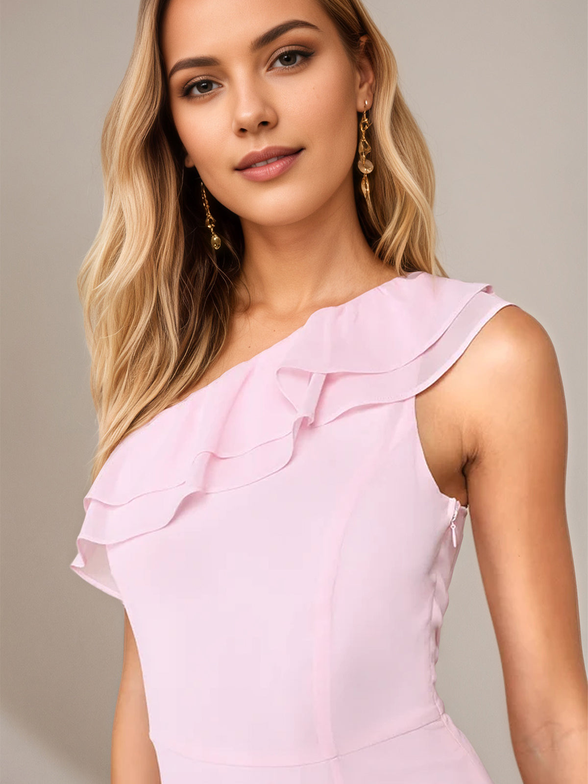 Pink Chiffon A Line One Shoulder Sleeveless Floor Length Dress With Ruffles