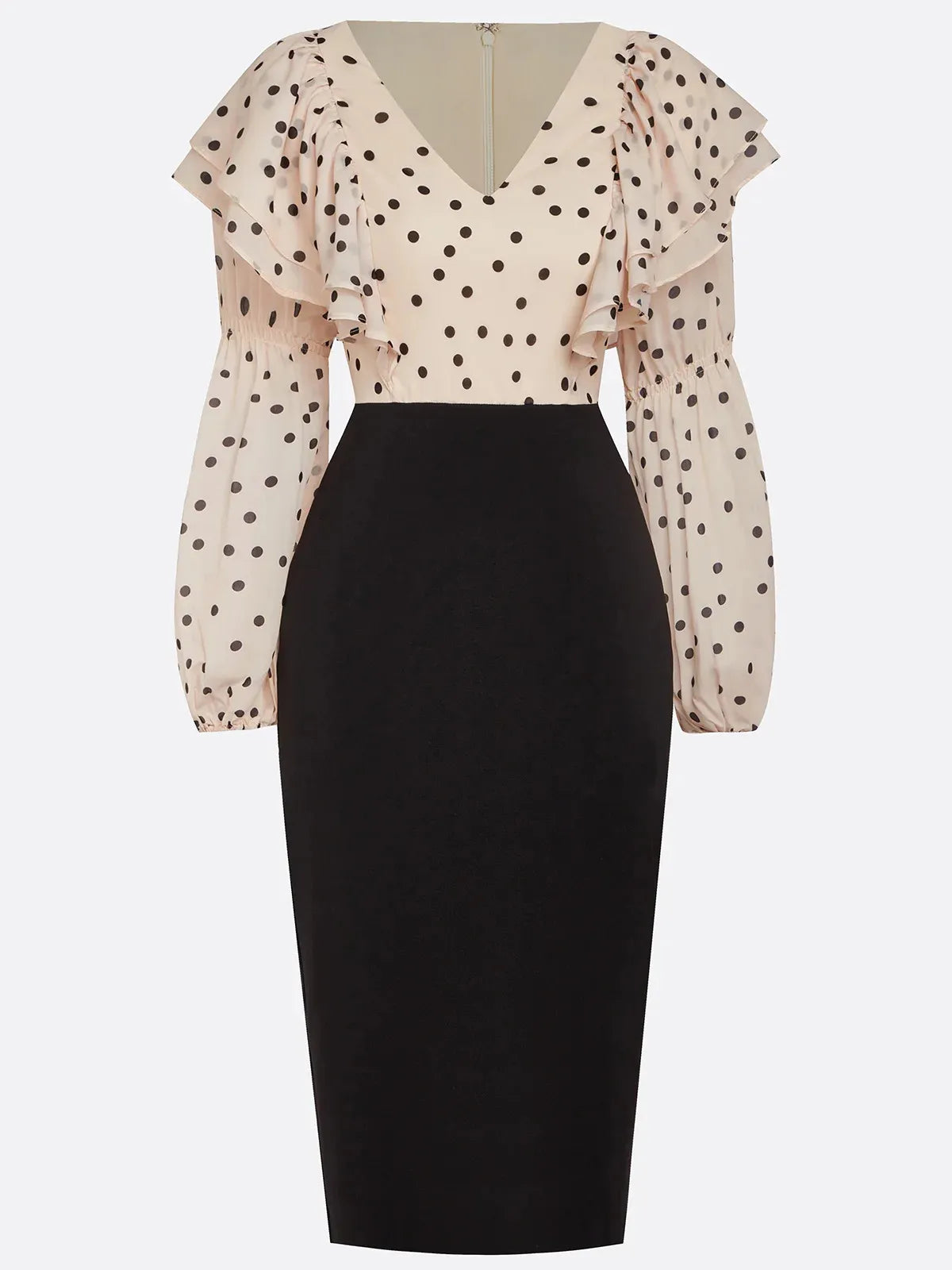 Apricot Peplum Chiffon Long Sleeve Balloon Sleeve Sheath Midi Dress