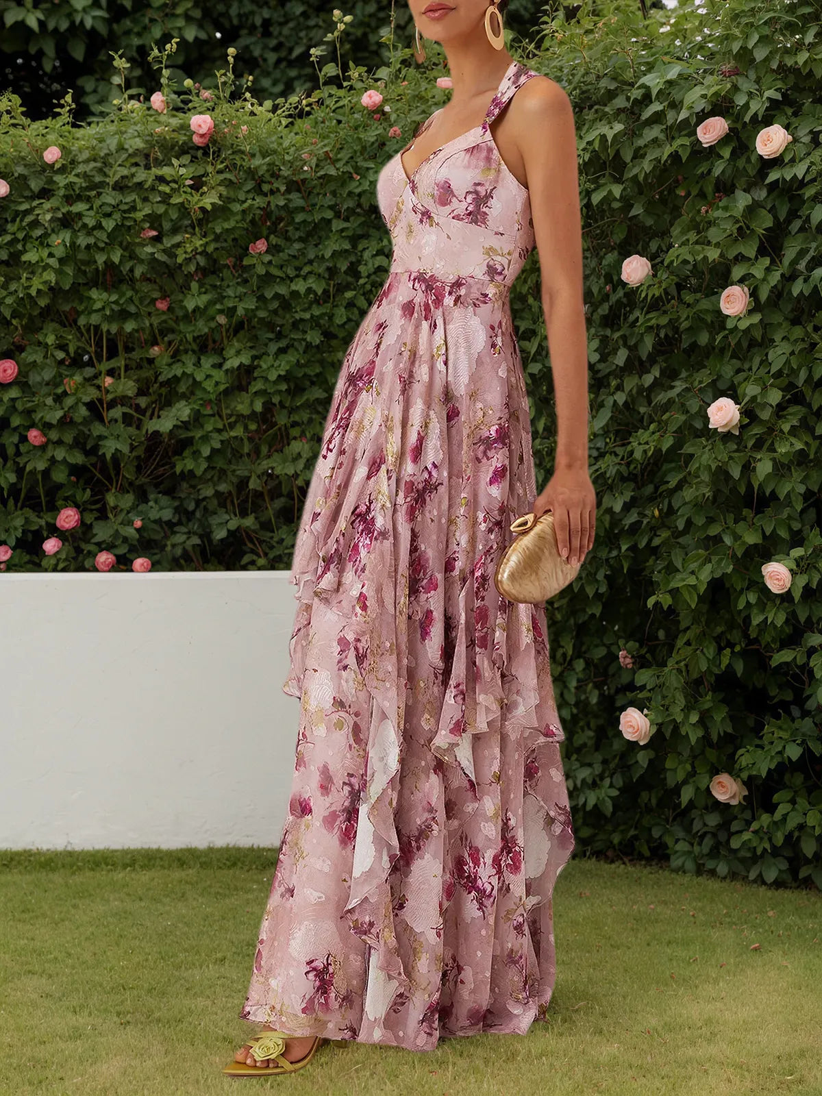 Pink Floral Jacquard Chiffon Sweetheart Neckline Sleeveless A-Line Maxi Dress