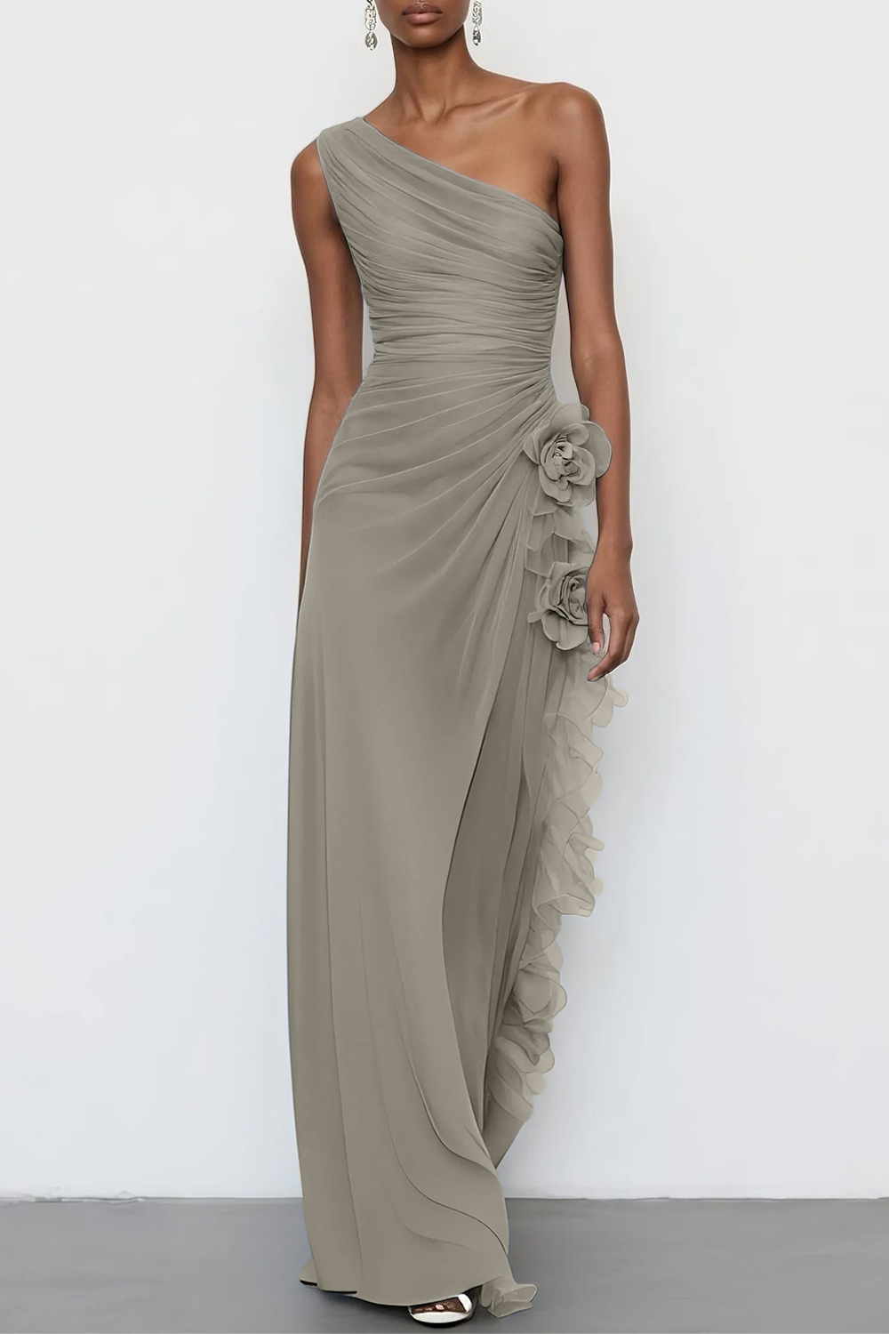 Light Blue 3D Floral Chiffon One Shoulder Sleeveless Sheath Maxi Dress